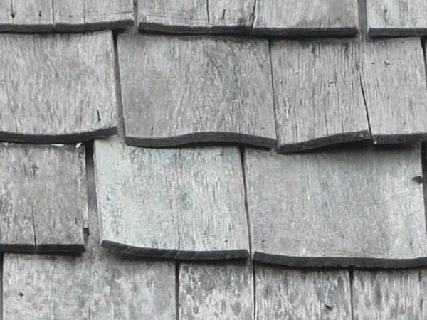 Old roof texture with worn grey shingles and few shingles of random color.